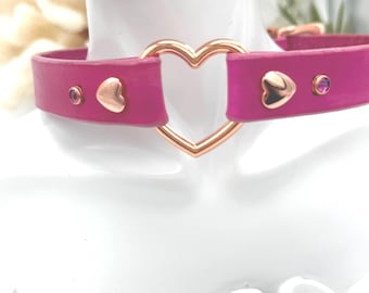 Rosa och roséguldfärgad läderhalsband • Roséguldfärgad lås- och nyckelhalsband • Äkta läder • Hjärtlås • Cosplay • Låsspänne