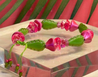 Cactus Bracelet • Czech Glass Pink Cactus Flower Bracelet • Adjustable Knot • Gardener Gift • Christmas Cactus Bracelet • Cowgirl Gift
