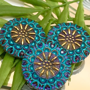 Purple Czech buttons w Gold accent Czech glass flower button 27mm Czech Glass buttons purple and turquoise
