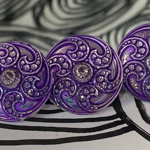 Purple Czech buttons w Crystal accent Czech glass flower button 18mm