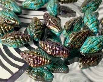 shell beads 10pc green with bronze wash Czech glass seashell beads glass seashell beads