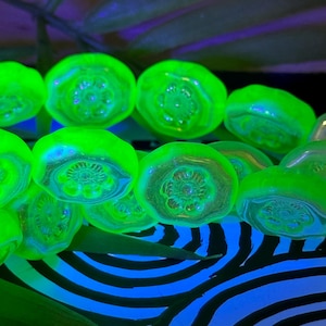 May include: Close-up of several glowing green glass beads. Each bead has a floral design in the centre. The beads are arranged on a surface with blue and black zebra stripes.
