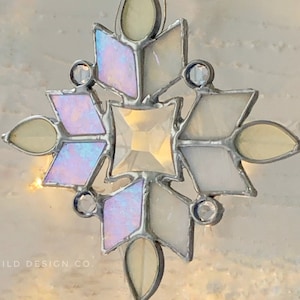 Stained glass snowflake ornament or sun catcher stained glass and vintage gems white and silver snowflake holiday gift