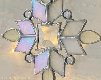 Stained glass snowflake ornament or sun catcher stained glass and vintage gems white and silver snowflake holiday gift