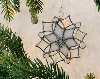 Stained glass snowflake ornament or sun catcher stained glass and vintage gems white and silver snowflake holiday gift