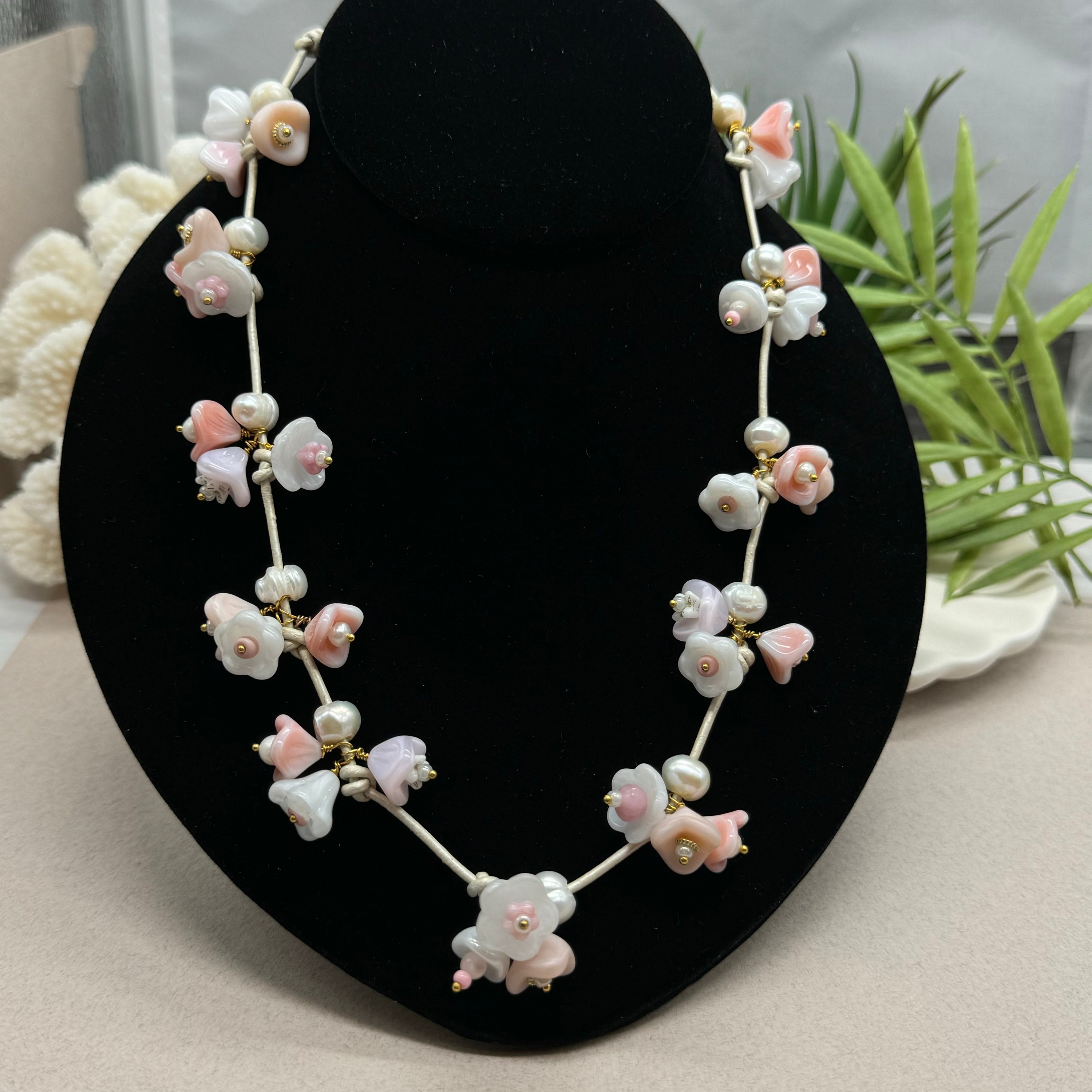 Beautiful Soft Colored Necklace Tie with Flower Motif and Pearls. SS24Prod_Fleurette_Tie_Necklac  main image 2