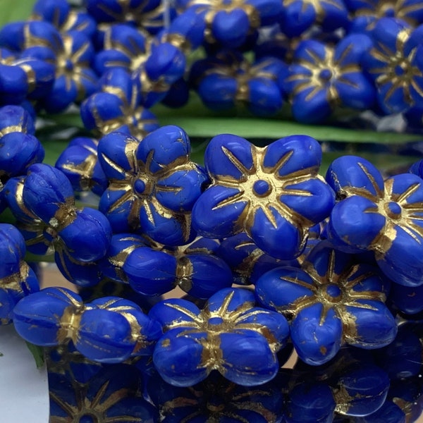 Blue flower beads satin blue daisy flower beads  Czech Glass Puffed 3d Flower beads 10pc blue and gold