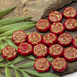 Rose beads red flower beads 18mm 5pc Czech Glass rose flower beads red with antique gold