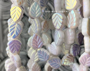 White leaf beads Czech Glass leaf beads white ab leaves 15pc