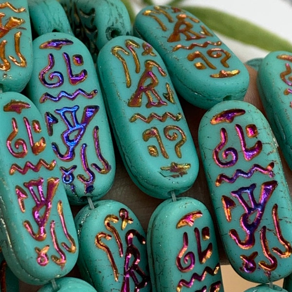 Turquoise Egyptian beads hieroglyph beads Czech glass horus bird beads blue AB rectangular beads cartouche beads