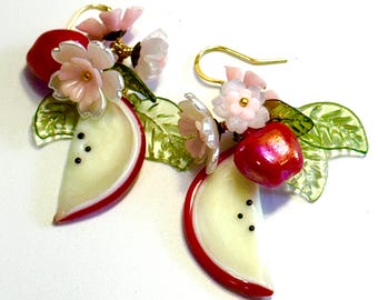 Glass Fruit Earrings • Dangle Fruit Earrings • Czech Glass Apple Jewelry • Fruit Jewelry • Carmen Miranda Jewelry • Retro Glam Jewelry