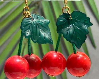 Cherry Earrings • Czech Glass Cherry Jewelry • Carmen Miranda Earrings • Retro Earrings • Pin Up Earrings • Fruit Earrings • Double Cherry