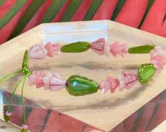 Cactus Bracelet • Czech Glass Pink Cactus Flower Bracelet • Adjustable Knot • Gardener Gift • Christmas Cactus Bracelet • Cowgirl Gift