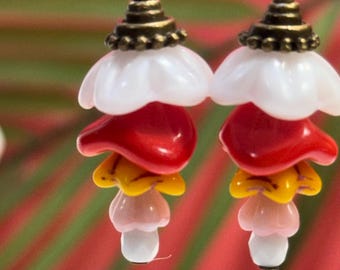 Red Glass Flower Earrings • Pink Yellow Red Flower Earrings • Czech Glass Beads • Vintage Style Jewelry • Retro Earrings • Gardener Gift