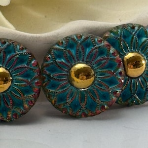 Turquoise Czech Glass Flower Buttons • Handpainted 24k gold detail • 18mm • Bracelet Closure • Fashion Design • Notions • Mosaic use too