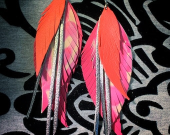 Red pink coral leather feather earrings Genuine leather, long leather earrings