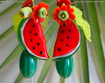 Glass Fruit Earrings • Dangle Fruit Earrings • Czech Glass Watermelon Jewelry • Fruit Jewelry • Carmen Miranda Jewelry • Retro Glam Jewelry