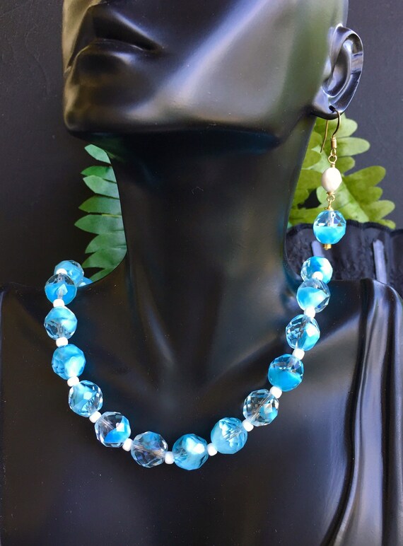 Blue crystal glass necklace, All vintage glass beads, matching earrings, one of a kind necklace set
