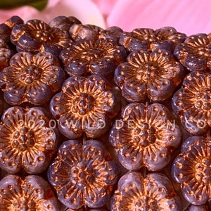 Czech Glass Purple Flower Beads • 14mm 12pc Czech Glass Wild Rose Anemone Flower Beads • Purple and Copper Flower Beads