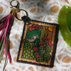 Cartera de cactus con Wren • Cartera de cuero repujado • Regalo de vaquera • Cartera minimalista • Mini cartera • Cartera floral • Cartera con llavero