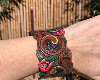 Western Bracelet • Tooled Leather Cuff Bracelet •. Rose Bracelet • Festival Bracelet•  Western cuff bracelet • Scroll Design