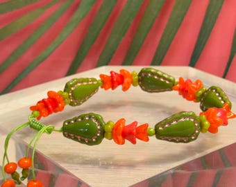 Cactus Bracelet • Czech Glass Orange Cactus Flower Bracelet • Adjustable Knot • Gardener Gift • Christmas Cactus Bracelet • Cowgirl Gift