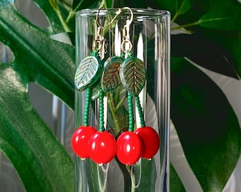 Cherry earrings, Czech glass beads Vintage style glam, One of a kind