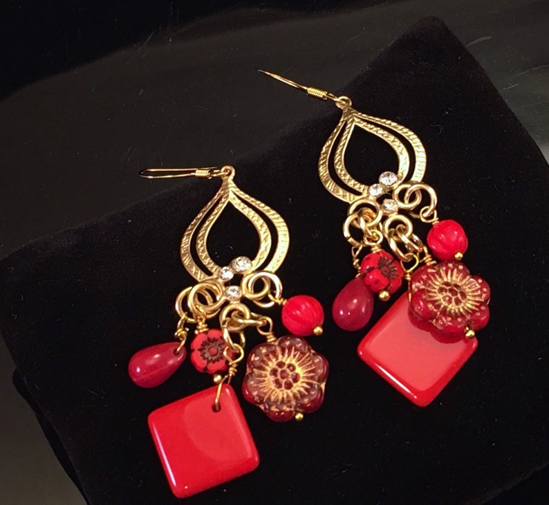 Red chandelier earrings Handmade one of a kind w vintage Etsy