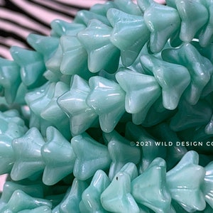 Turquoise silk Bell flower Beads 9x6mm Czech Glass 5 petal 25pc bellflower UV reactive