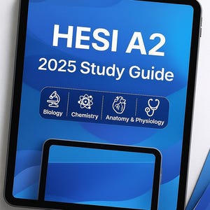 May include: A digital tablet displays a blue screen with the text "HESI A2 2025 Study Guide." Below the title are icons for Biology, Chemistry, Anatomy & Physiology, and a stethoscope. A second tablet is visible below.