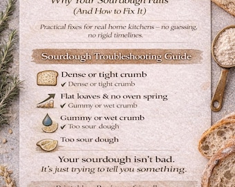 May include: A printable sourdough troubleshooting guide with text and illustrations. The guide addresses common sourdough issues like dense crumb, flat loaves, and sour dough. The image includes bread slices, flour, and a wooden spoon.