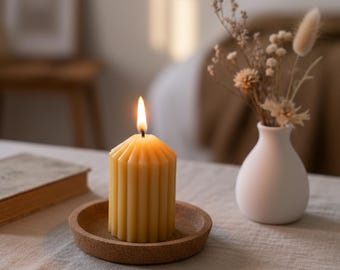 Small Ribbed Beeswax Pillar Candle | Natural Australian Honey Scent, Hand-Poured Bedside Decor