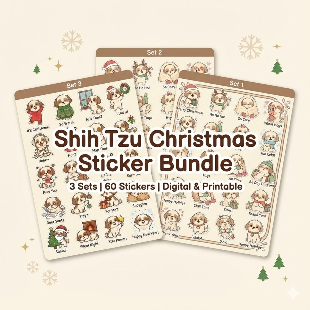 Shih Tzu Christmas Sticker Pack | Cute Kawaii Dog Stickers | Digital ...