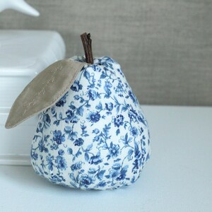 White Blue Floral Pear Fabric Pear Bowl Filler Decor Stuffed Fruit Farmhouse Decor Handmade