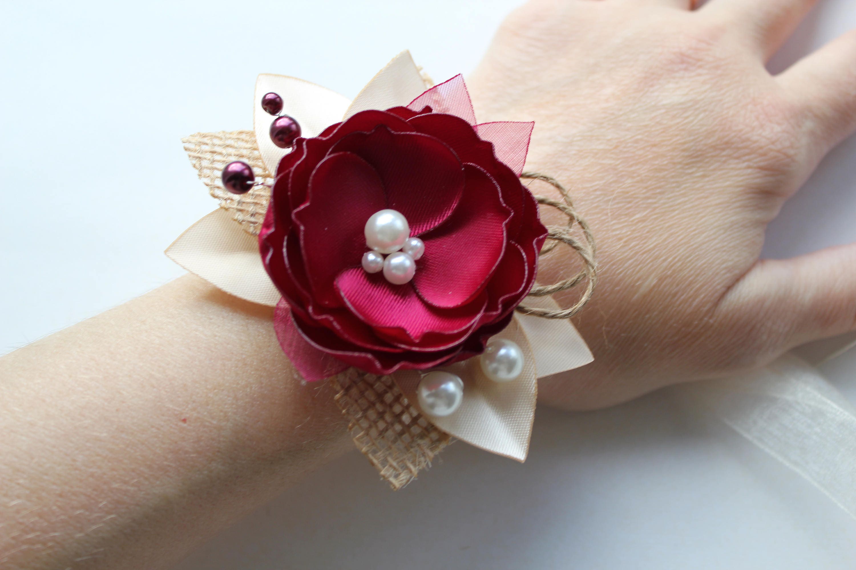 Wine Burgundy Burlap Wrist Corsage Rustic Corsage Wedding Etsy