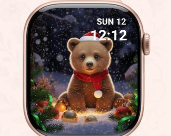 Bonita carátula navideña para Apple Watch, fondo de pantalla de osito de peluche de Papá Noel, acogedora carátula navideña para Apple Watch, descarga digital festiva de invierno.