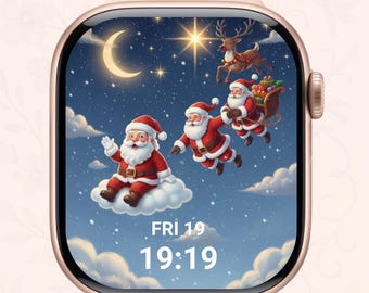 Esfera de Apple Watch con Papá Noel Volador, Fondo de pantalla de Navidad Mágica, Esfera de Apple Watch con Papá Noel y Reno, Descarga digital festiva