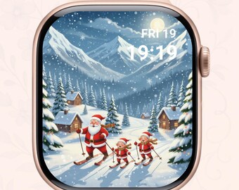 Esfera de Papá Noel esquiando para Apple Watch: Fondo de pantalla navideño invernal (descarga digital)