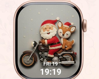 Esfera de Papá Noel en motocicleta para Apple Watch, reno navideño, estilo fieltro acogedor (descarga digital)