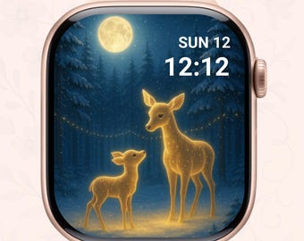 Esfera de ciervo brillante para Apple Watch, Esfera de bosque invernal mágico, Fondo de pantalla navideño iluminado por la luna para Apple Watch, Descarga digital acogedora