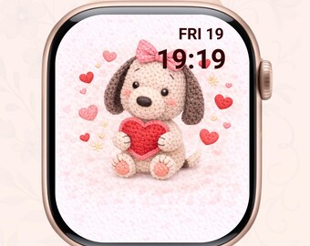 Lindo cachorro de crochet con corazón: arte digital para San Valentín, perro amigurumi kawaii, decoración romántica rosa para habitación infantil, regalo de amor imprimible.