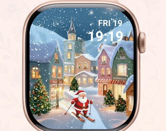 Esfera para Apple Watch de Papá Noel esquiando en un pueblo invernal (descarga digital)