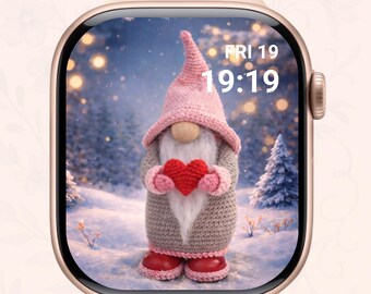 Esfera de Apple Watch con Gnomo de San Valentín, Esfera de Amor Invernal Acogedora, Descarga Digital con un Gnomo Escandinavo Adorable, Esfera de Corazón Romántico