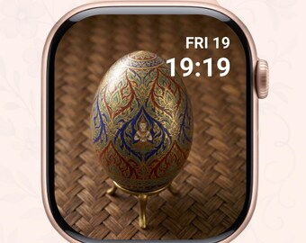 Esfera de Apple Watch con diseño de huevo ornamentado de lujo, esfera digital inspirada en el arte tailandés, elegante fondo de pantalla con patrón dorado, diseño estilo Fabergé, descarga.