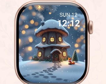 Esfera de Apple Watch con cabaña invernal y fondo de pantalla de zorro nevado (descarga digital)