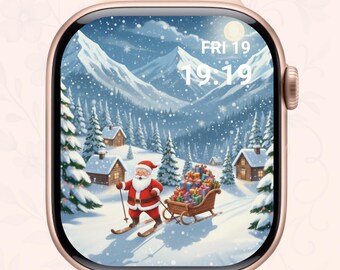 Esfera de Papá Noel esquiando para Apple Watch, fondo de pantalla de pueblo navideño para Apple Watch, esfera festiva para Apple Watch, descarga digital de invierno acogedor