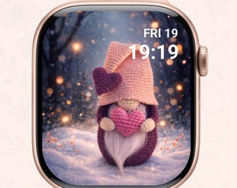 Fondo de pantalla de gnomo de San Valentín para Apple Watch, esfera de reloj con corazón rosa, estética romántica invernal, bonito fondo de pantalla de amigurumi, descarga instantánea