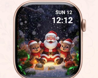 Lindo fondo de pantalla de Papá Noel para Apple Watch, esfera navideña con reno y oso, fondo digital, arte navideño para smartwatch, descarga instantánea