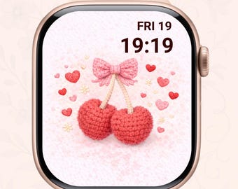 Lindo arte de crochet de cereza rosa / Arte digital estético de San Valentín kawaii / Ilustración romántica de corazón pastel / Papel tapiz de esfera de Apple Watch.