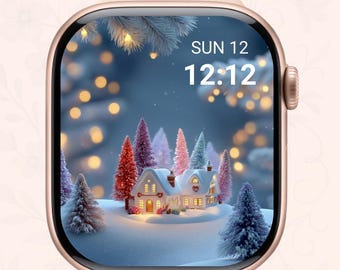 Fondo de pantalla de cabaña invernal para Apple Watch, pueblo navideño (descarga digital)